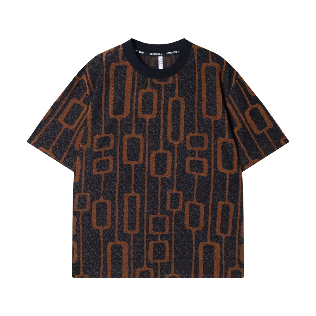 T2421新款时尚个性韩版几何图案撞色圆领短袖T恤百搭宽松潮流上衣