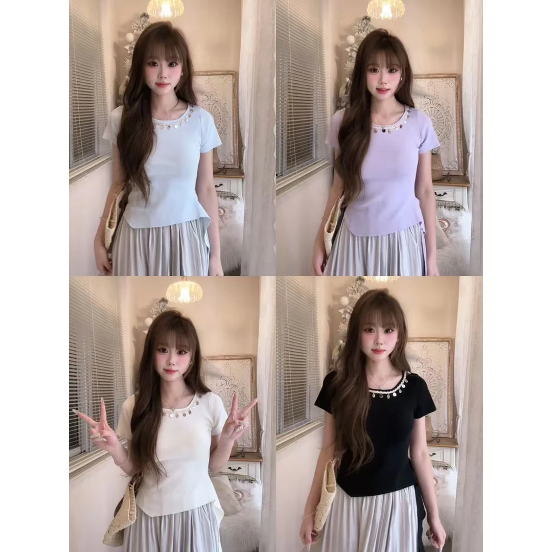 5216设计感不规则斜边正肩显瘦小衫