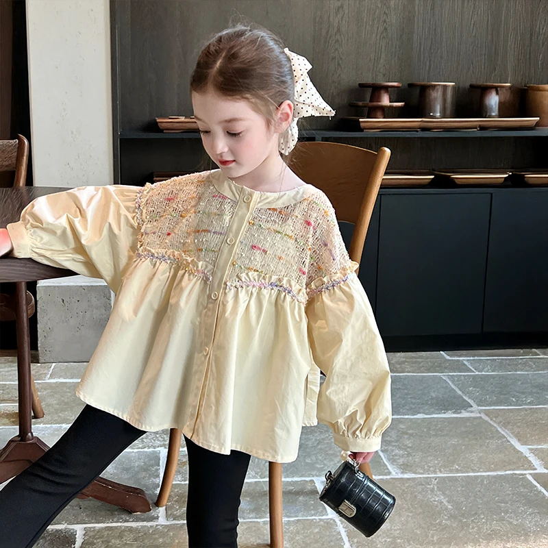 栀了成长记童装女童时髦设计感衬衫春季裤子女孩衬衣镂空拼接上衣