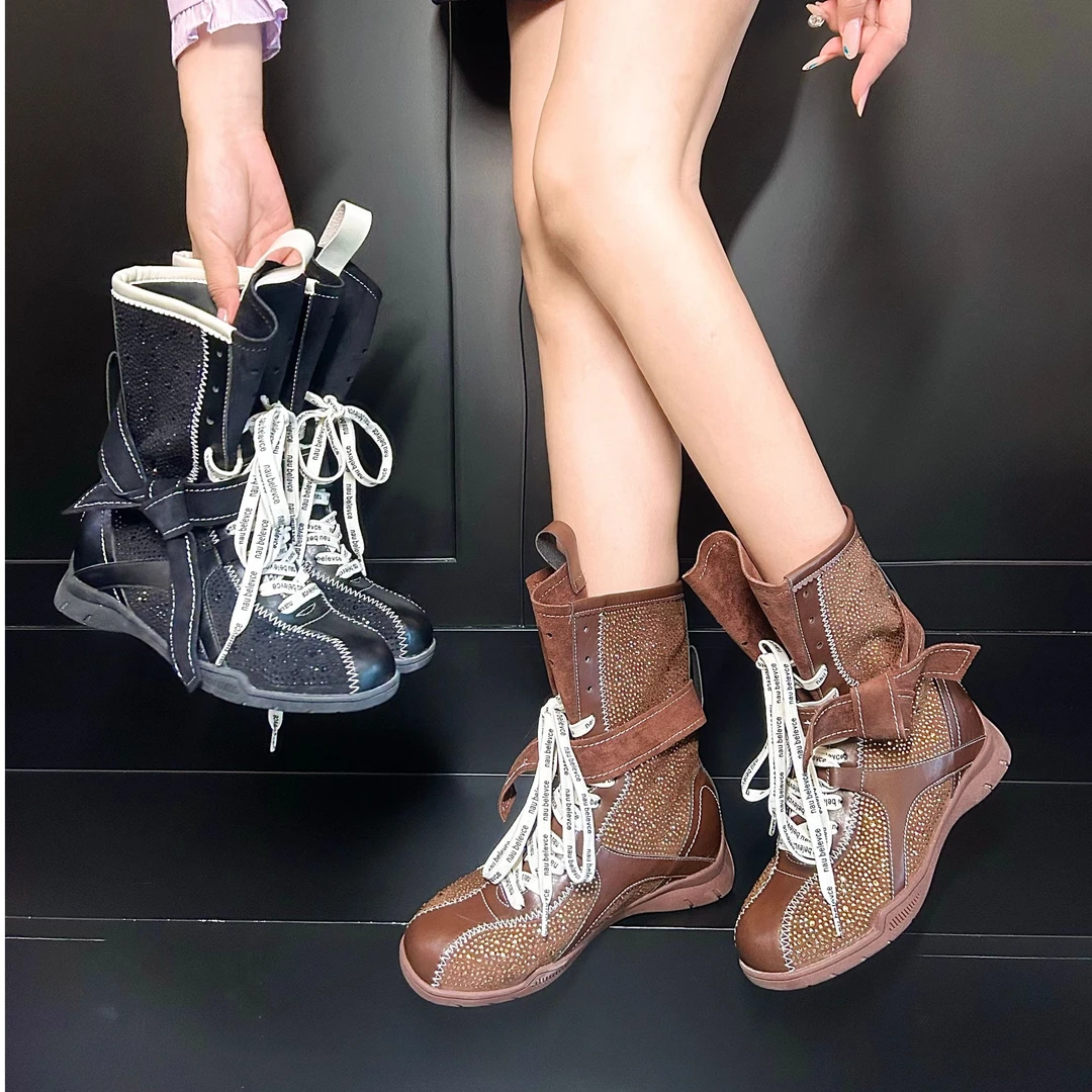 泰古珂儿2025秋季+5CM新款复古多色拳击靴休闲厚底时尚满钻鞋百搭