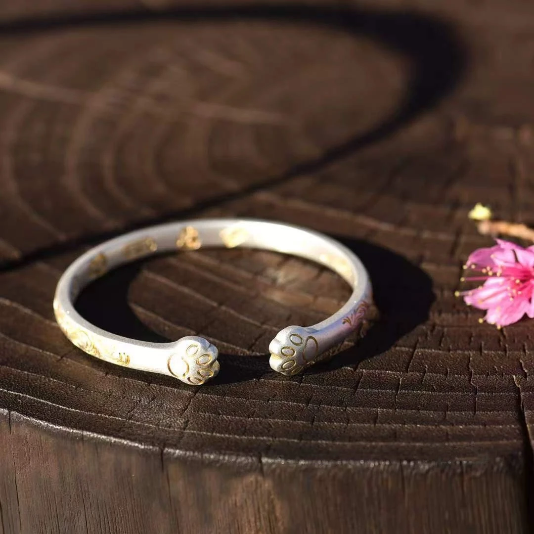 足银手镯 B70足银手镯可爱时尚经典猫爪彩色珐琅彩工艺手镯