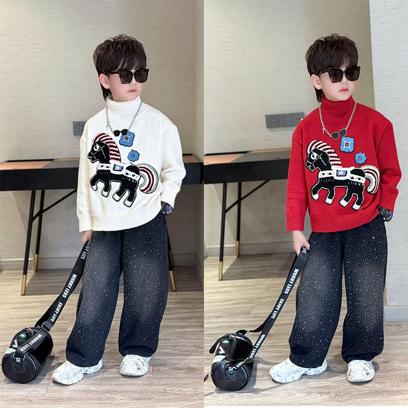 男童冬季新款简约小马提花高领针织衫中大童保暖套头长袖红色毛衣