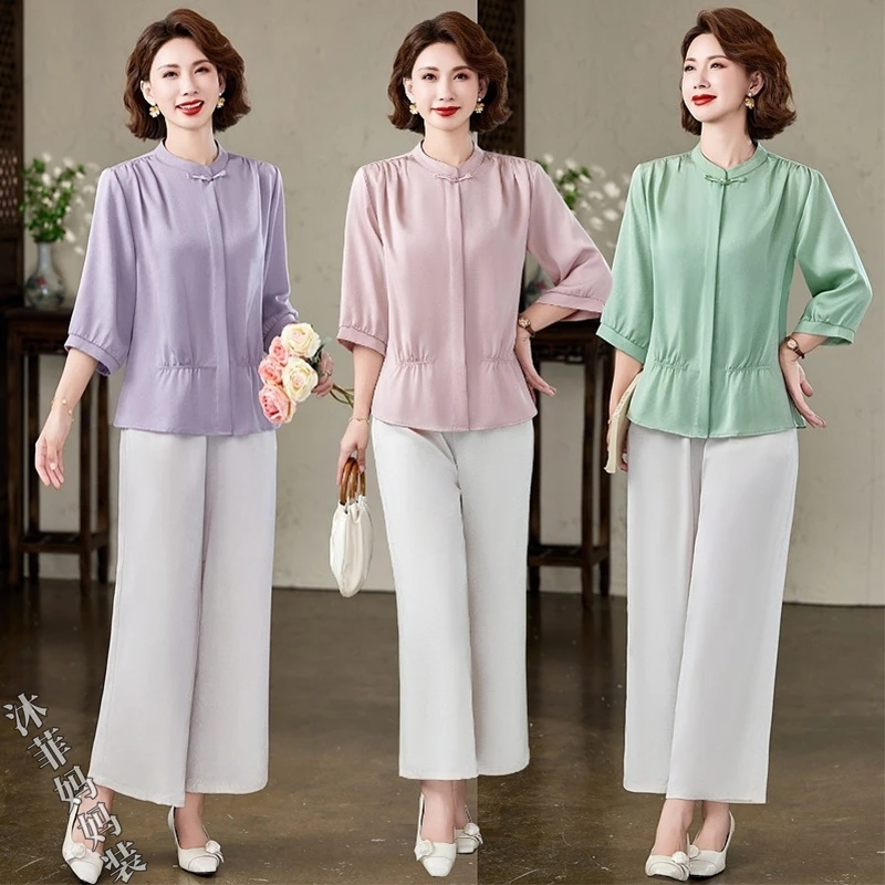 妈妈装春夏洋气两件套2025新款中老年女装夏季时尚小衫气质套装