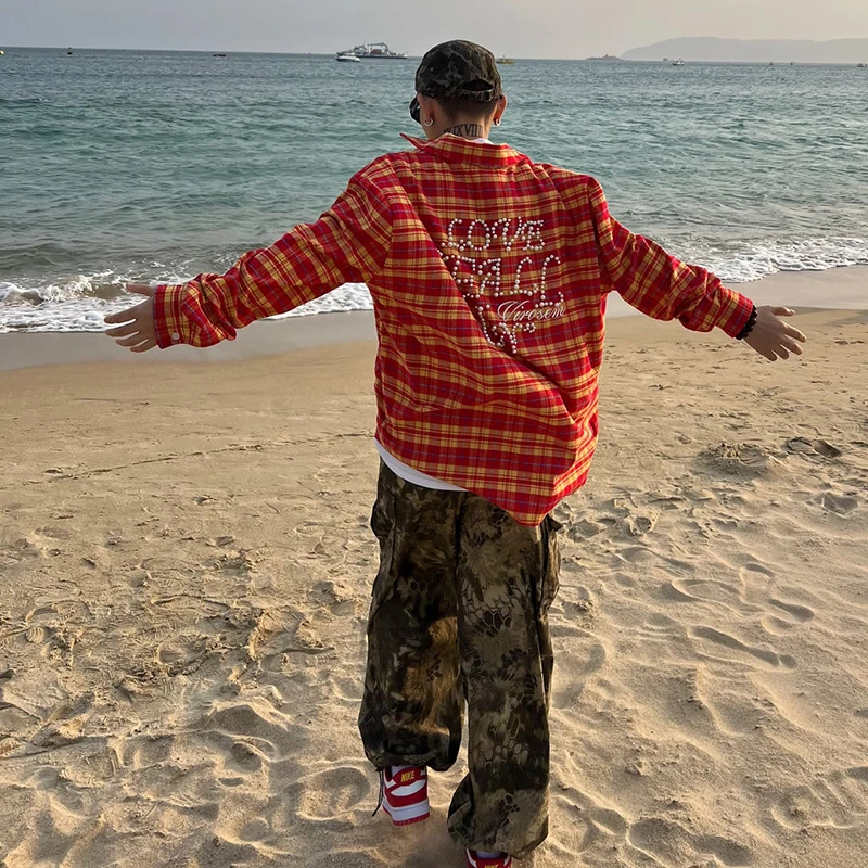 2025美式潮牌撞色格子衬衫复古港风珍珠字母情侣衬衣宽松百搭外套