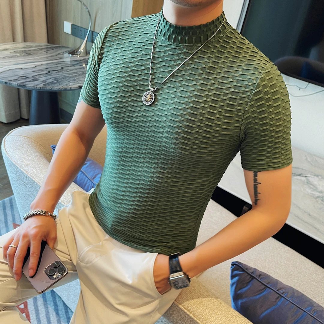夏季男士半高领短袖T恤痞帅时尚立体格纹弹力打底衫潮流百搭半袖