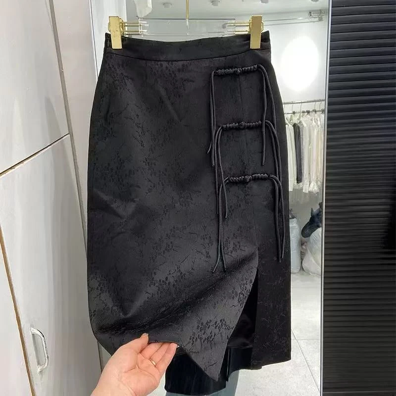 新中式国风新款盘扣提花开叉半身裙1380