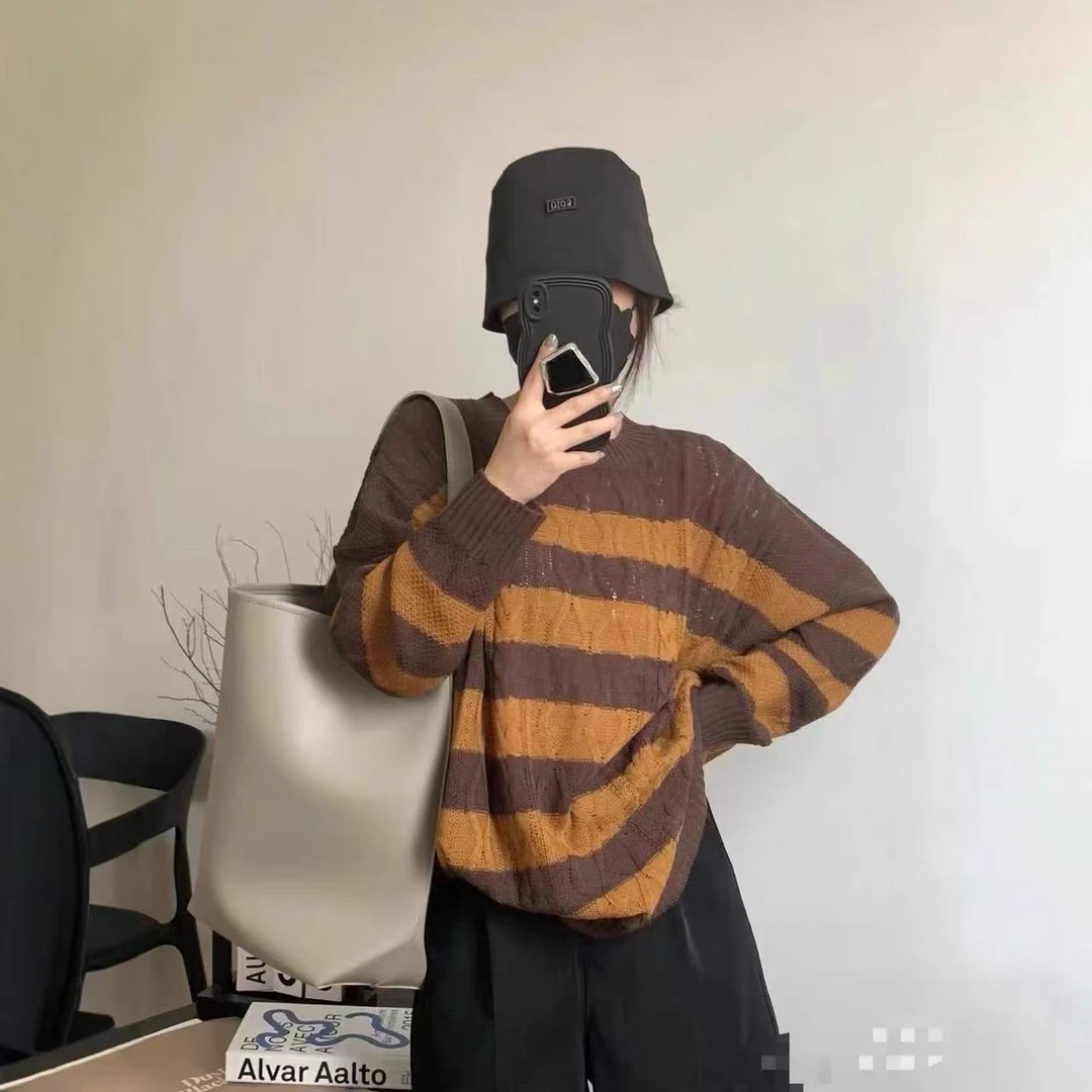 橙子味巧克力～欧版条纹麻花宽松慵懒针织衫
