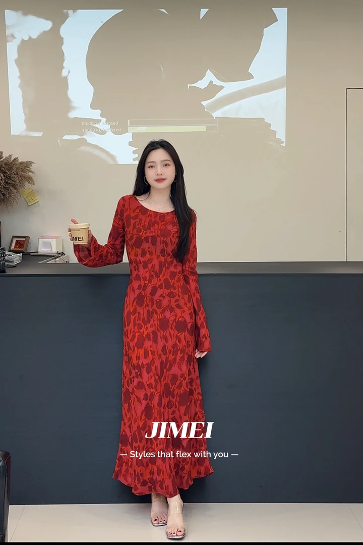 摩洛哥玫瑰印花长袖蕾丝连衣裙秋冬裙子气质修身慵懒风度假长裙