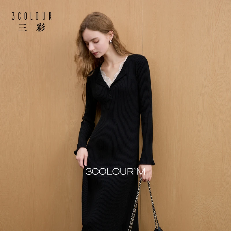 [双11好物]三彩2025冬季针织连衣裙V领长袖收腰长裙A字裙简约M