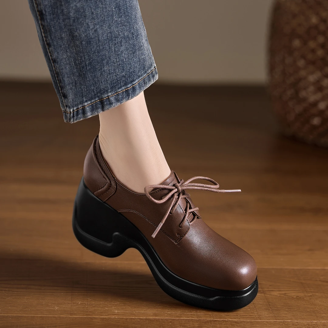 小个子手工女鞋8cm~新款2025春季高跟鞋单鞋圆头系带舒适棕色羊皮