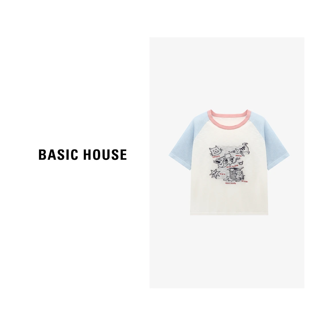 Basic House/百家好夏季透气百搭休闲卡通撞色短袖T恤B0625B5G672