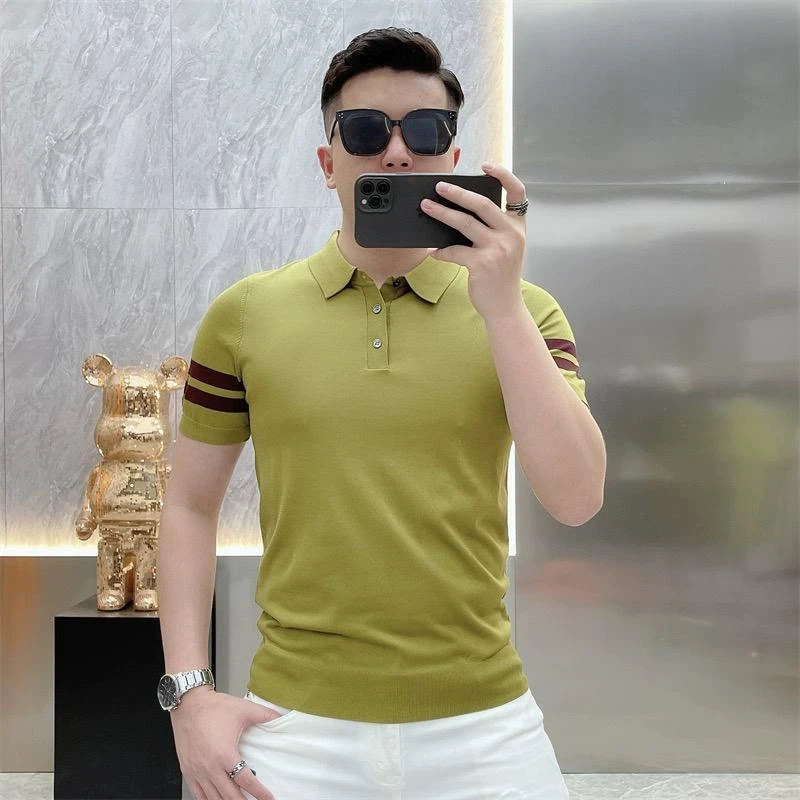 高端轻奢欧货男士针织短袖T恤百搭夏季休闲半袖上衣修身痞帅个性t