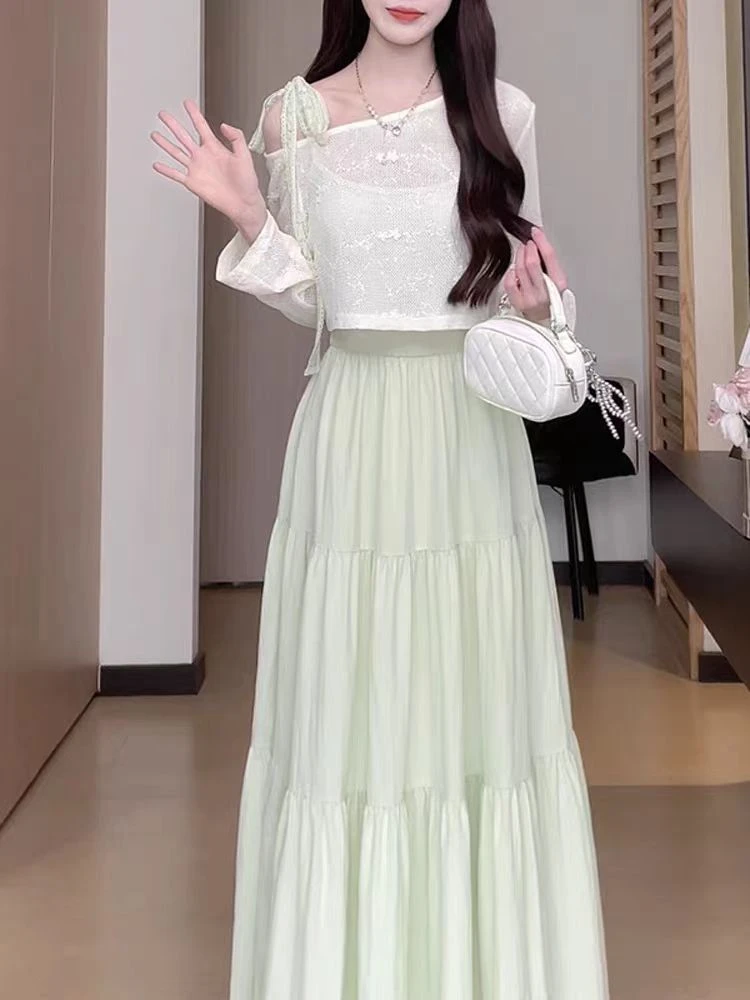 【清影】300斤特大码胖mm蛋糕裙浅绿色套装欧若风镂空罩衫吊带裙