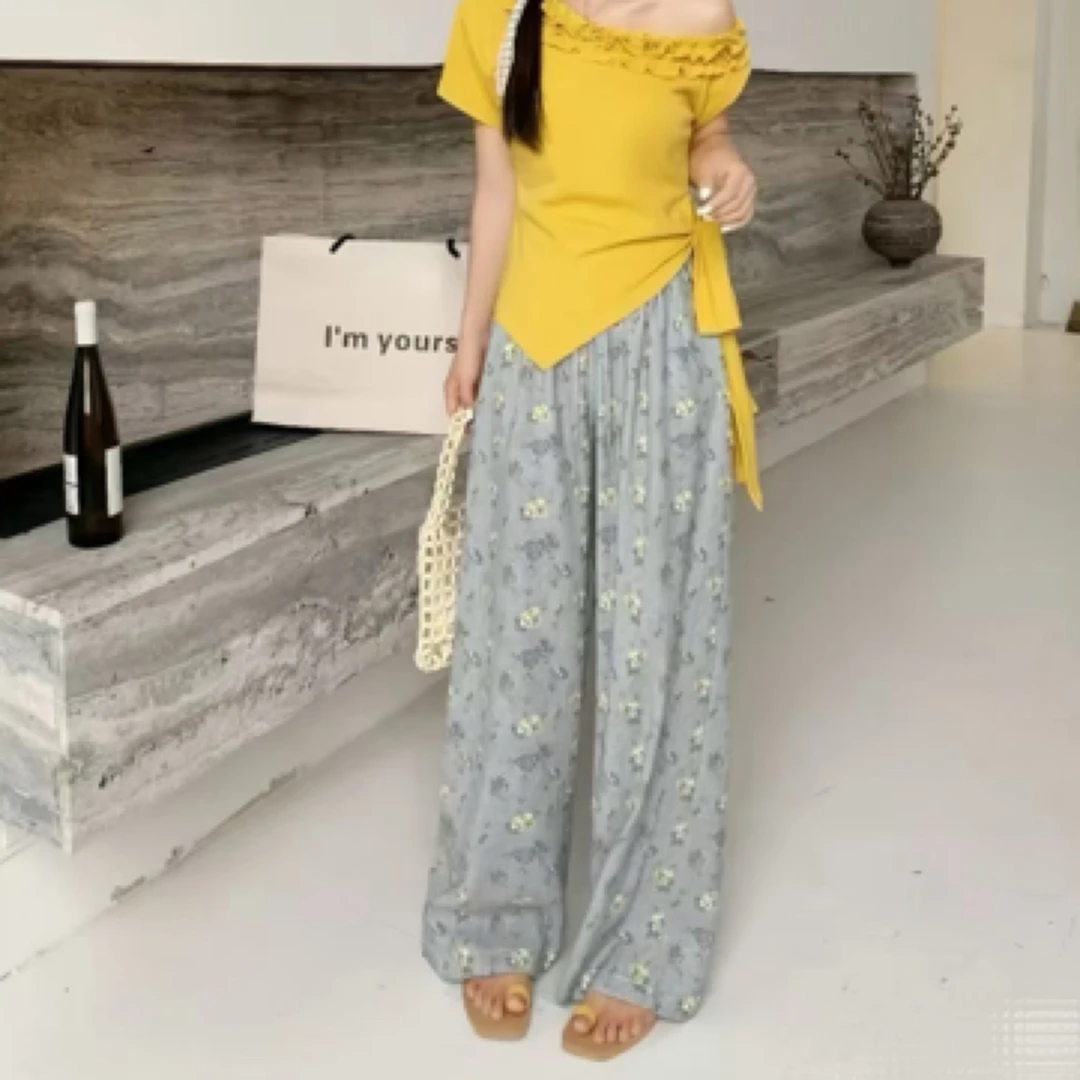 林玲～夏季舒服透气棉麻碎花直筒裤韩系女裤