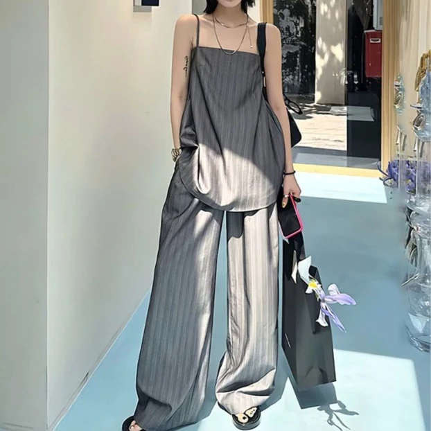 爆款韩系感无袖吊带背心上衣2025年夏季新款条纹垂感阔腿裤裤子女