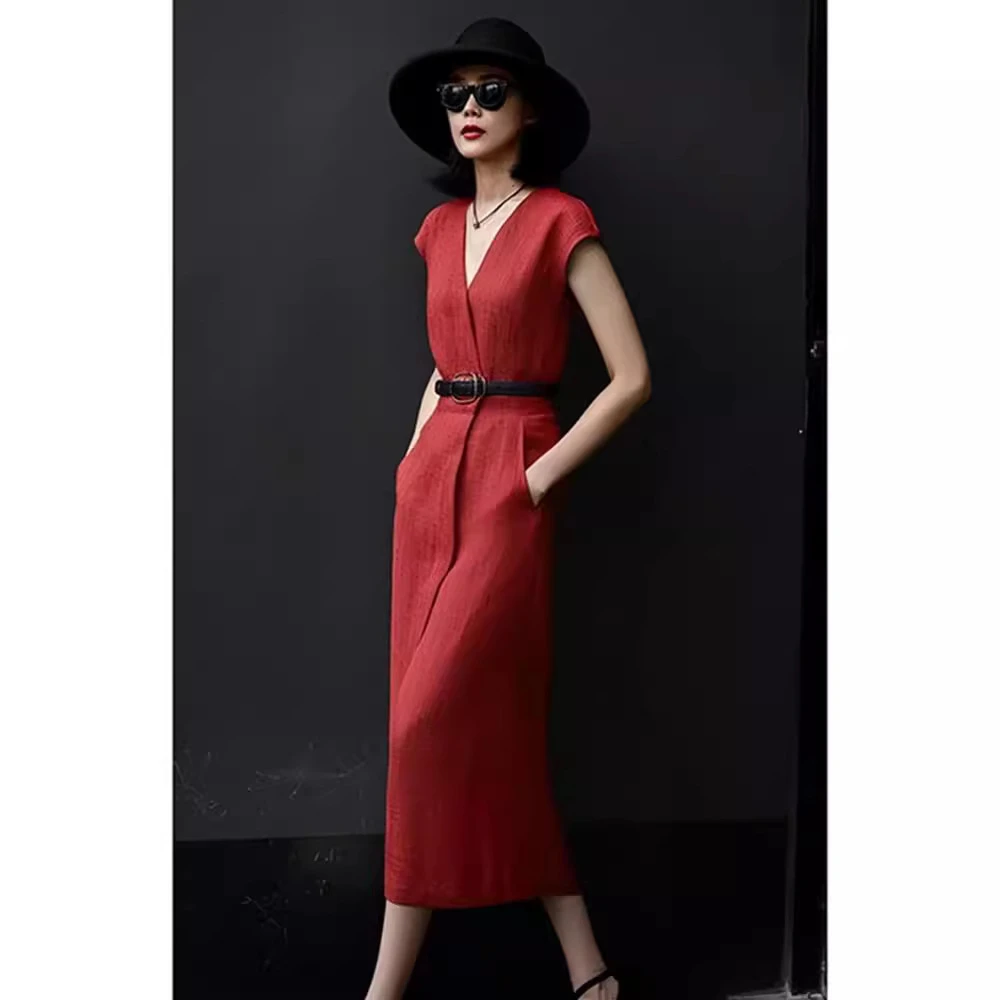 夏季新款红色高端洋气小香风收腰连衣裙女网红时尚炸街新款女装