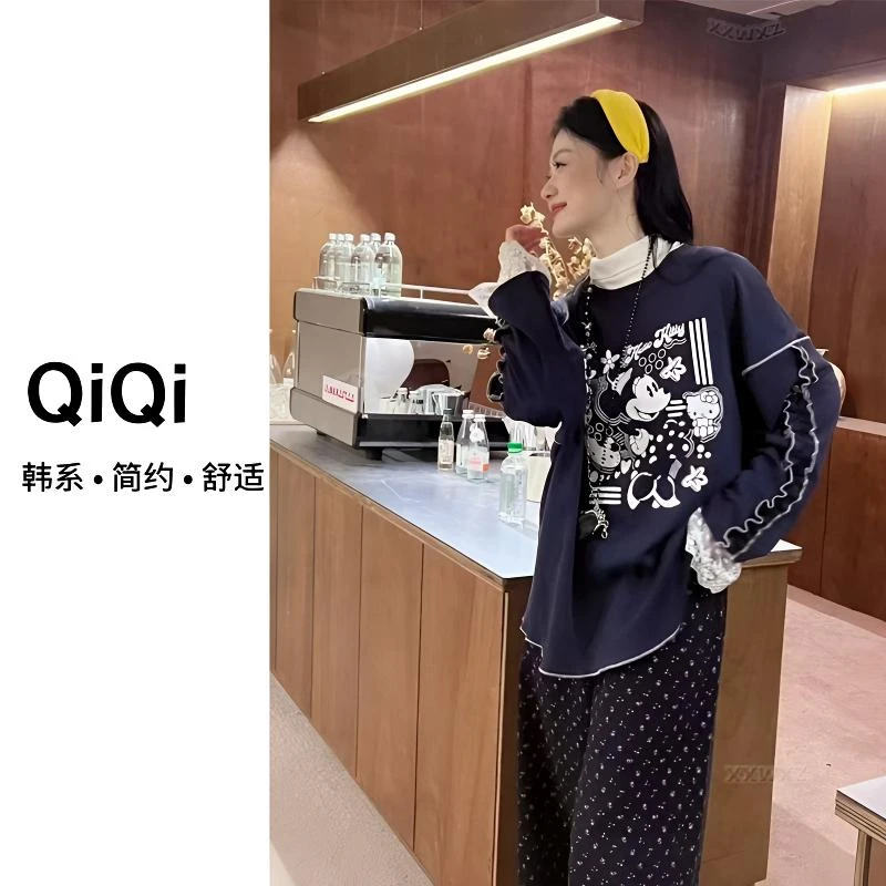 七七定制【韩单种草】韩版休闲木耳边蕾丝手袖卡通印花运动卫衣9570