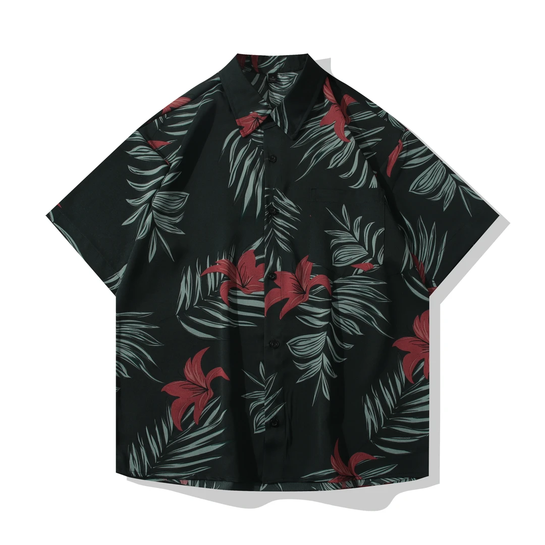 港风复古潮流印花衬衫冰丝短袖男宽松ins休闲垂感透气衬衣