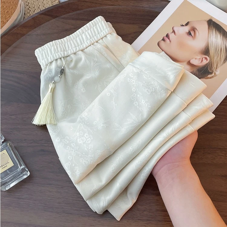 春季新中式国风高腰修身显瘦长裤女时尚气质百搭松紧腰女裤子潮流