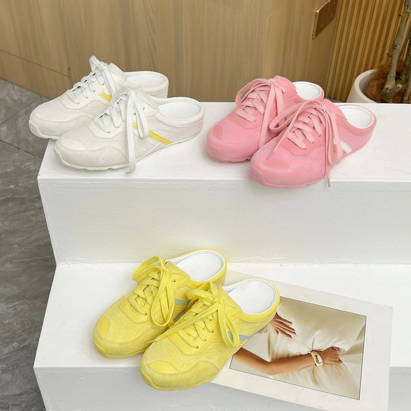 欧洲站春季新款真皮糖果色包头半拖鞋女外穿平底欧货懒人厚底拖鞋