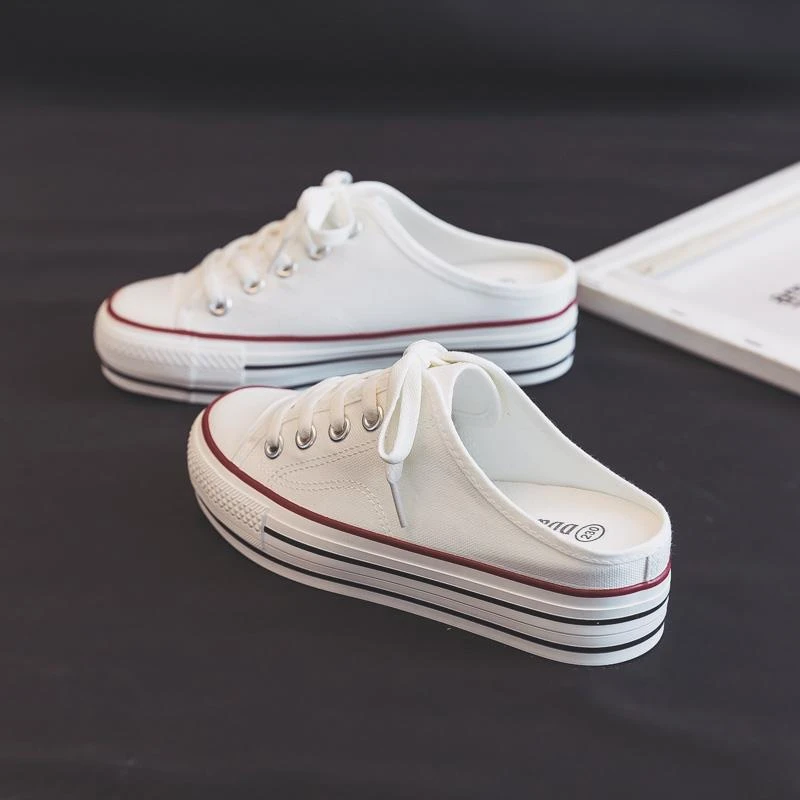 夏季薄款厚底增高帆布鞋女鞋新款一脚蹬半拖外穿小白鞋女款布鞋子