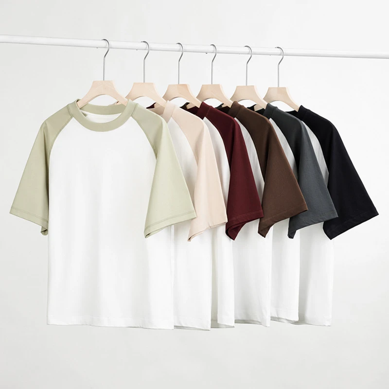 300g撞色插肩短袖男t恤新款重磅纯棉青少年街头潮流半截袖打底衫