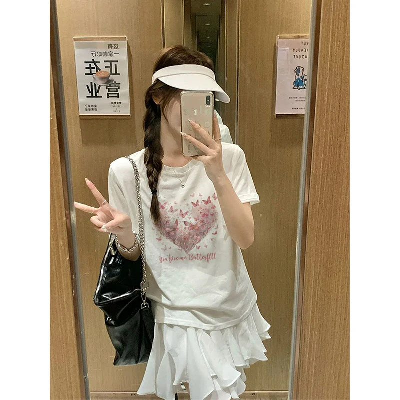 正肩白色圆领t恤女短袖夏季2025新款爆款设计感宽松体恤印花上衣
