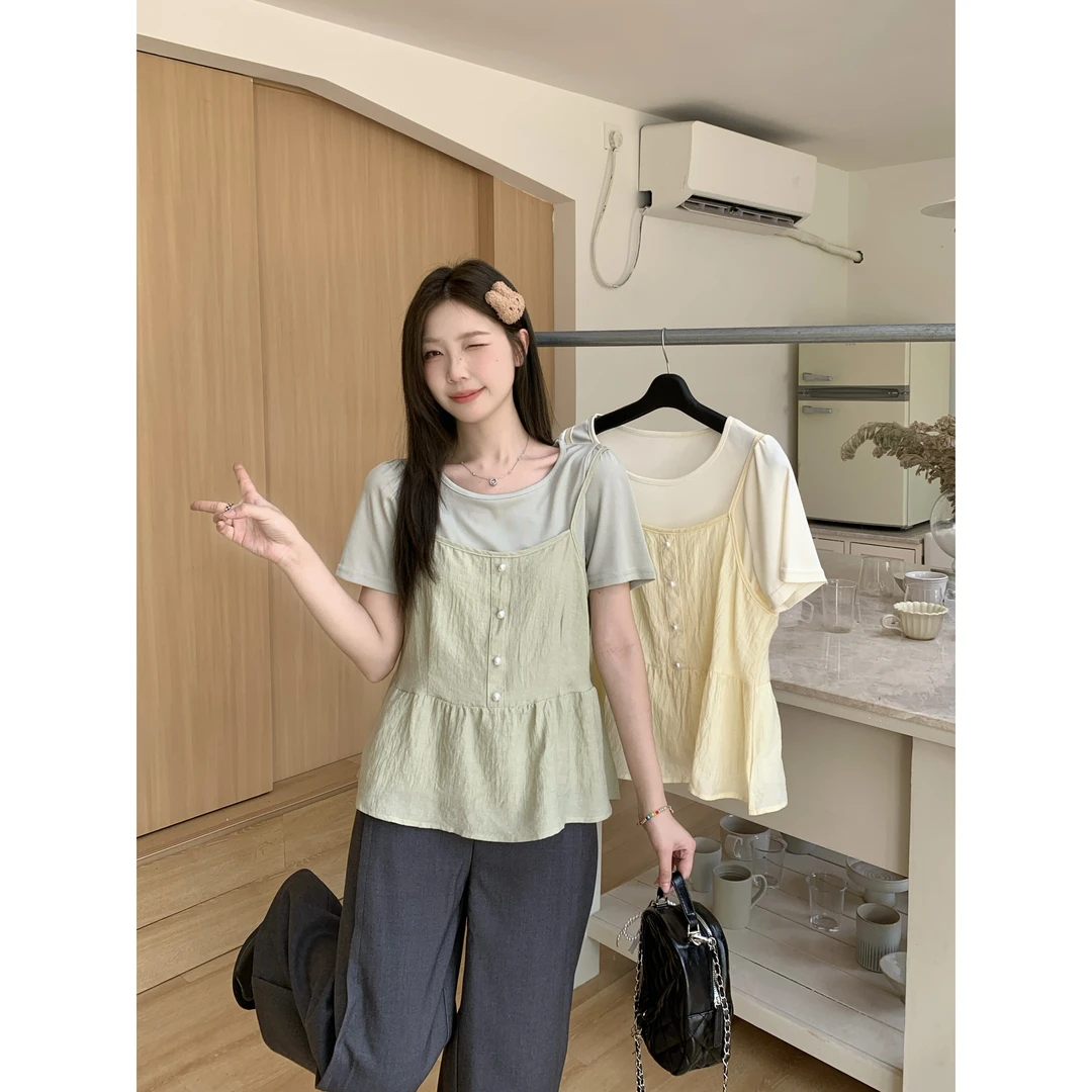 清2025夏装大码女装小清新叠穿吊带圆领内搭T恤韩系两件套64517