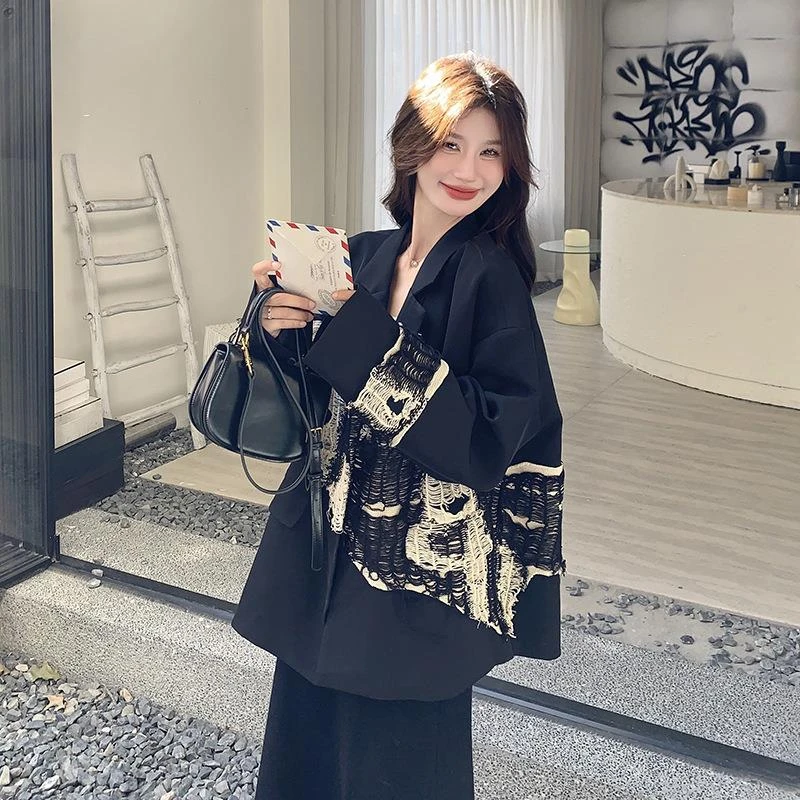 冬季氛围感穿搭西装外套女春秋针织毛线拼接西服高级跨境外贸小众