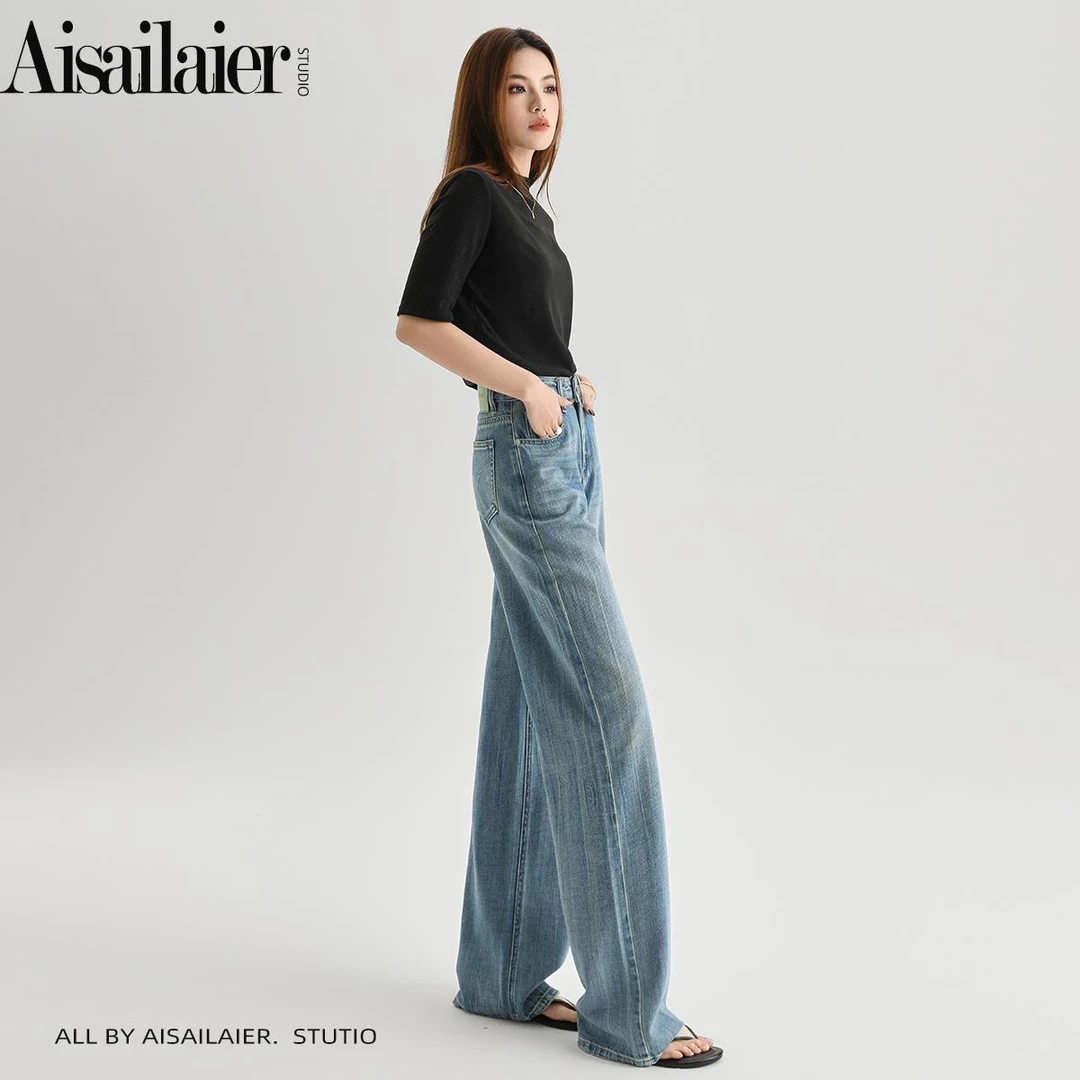 港风复古直筒阔腿牛仔裤女高腰2025春秋新款宽松显瘦垂感拖地裤子