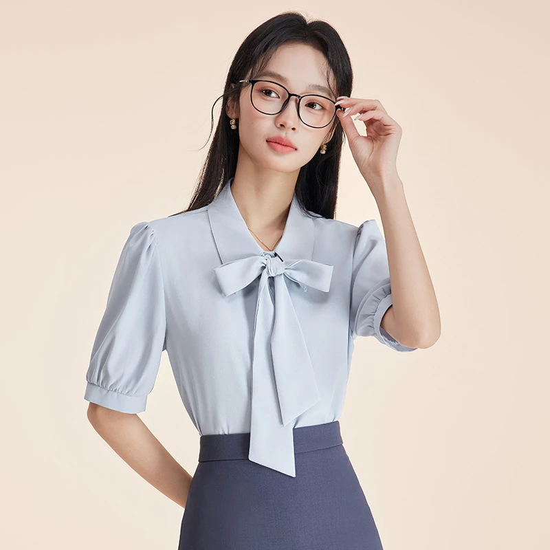 蓝色衬衫女2025夏季新款轻奢高级感教资穿搭通勤职业衬衣套装工装