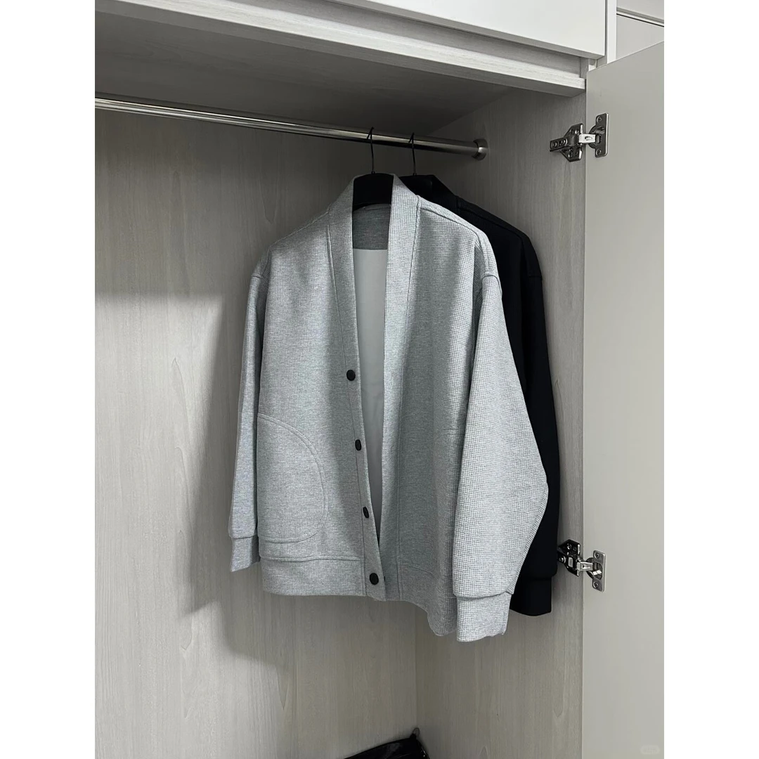 浅灰色v领华夫格卫衣开衫男款春秋潮牌美式复古cleanfit夹克外套