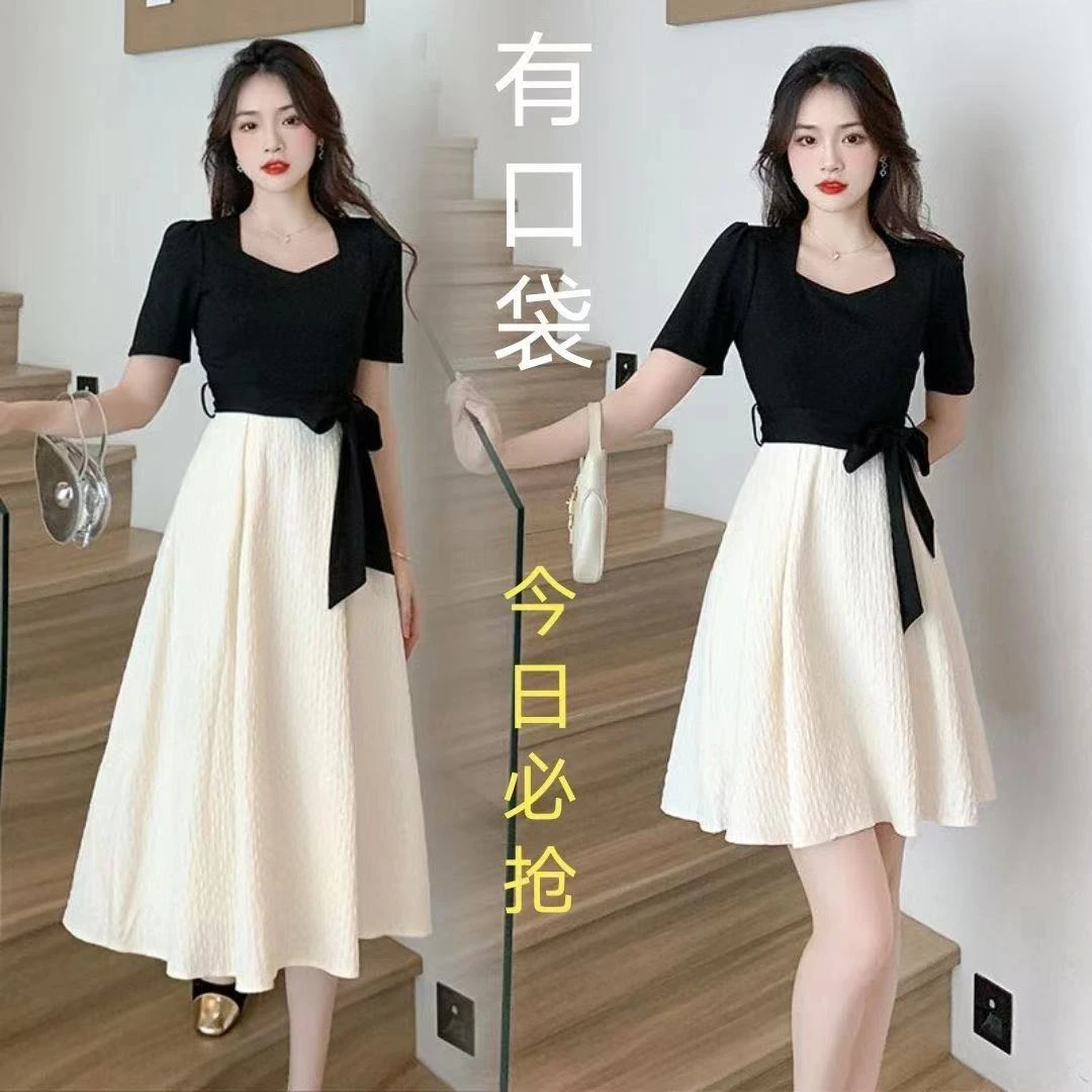 II2025夏季赫本风连衣裙女韩版新款拼接高级假两件修身小个子长裙