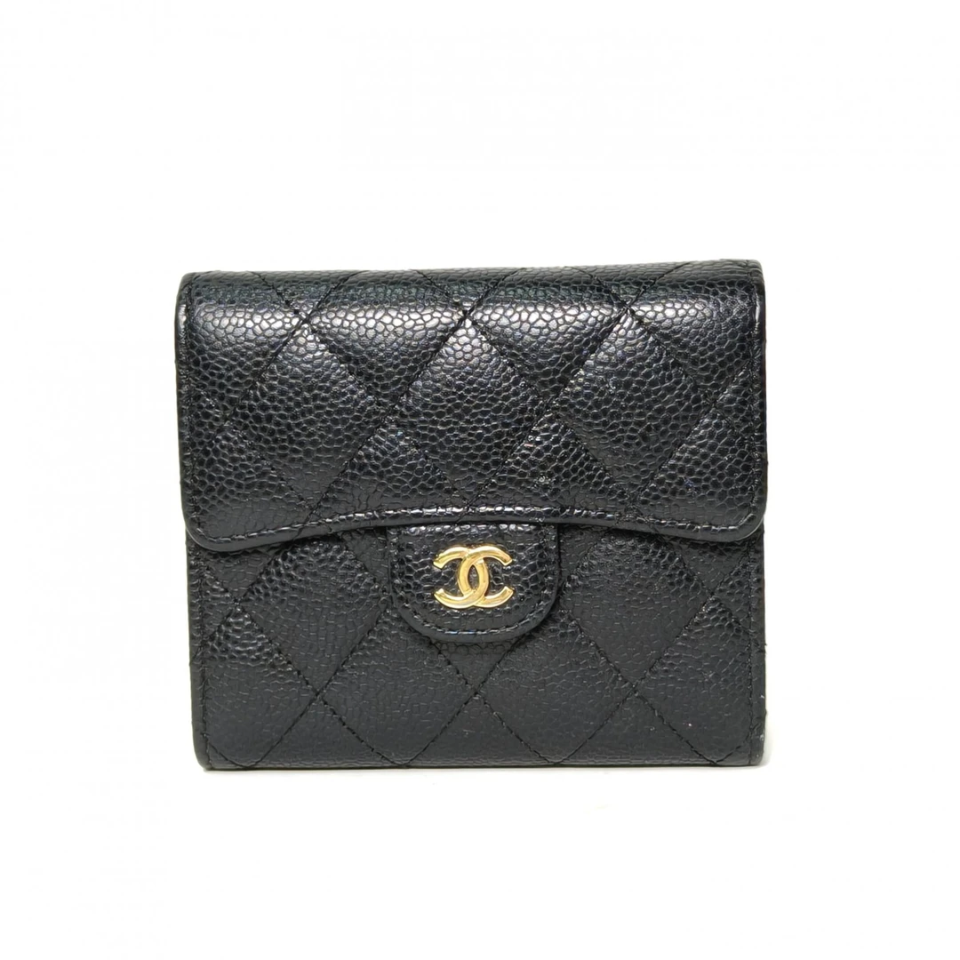 95新 Chanel/香奈儿 【双双】 黑色 25开 金扣 CF 三折钱包