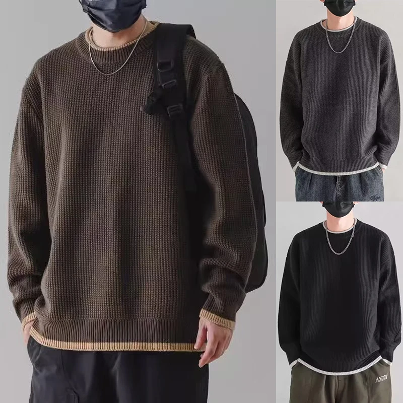 假两件拼色针织衫毛衣男复古老钱风商务高级秋冬毛衫外贸爆款新款
