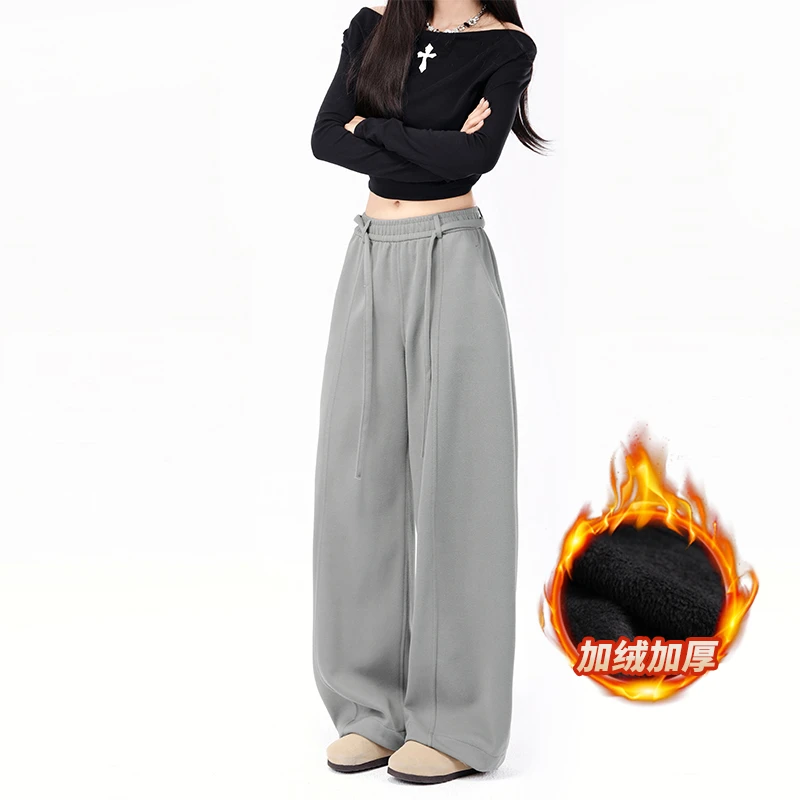 拉夏贝尔冬季加绒阔腿灰色卫裤女2025新款保暖高腰休闲运动弯刀裤
