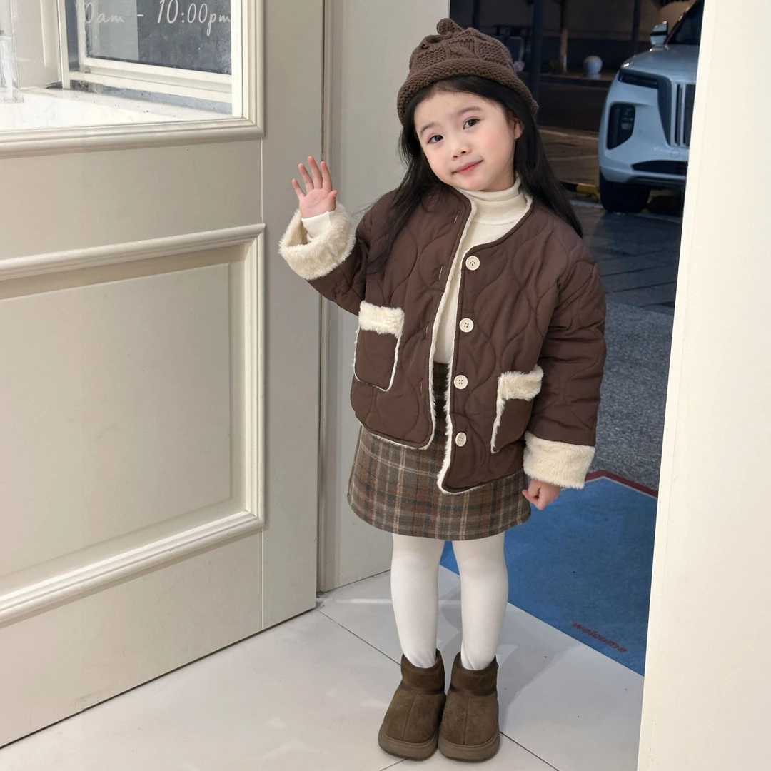 女童双面穿棉服冬季新款加绒夹棉外套韩版百搭时尚套装毛毛上衣