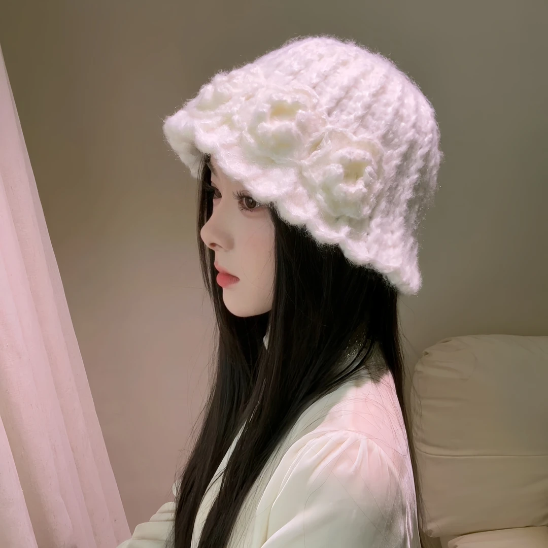 渔夫帽春冬季秋季节图案花朵帽子保暖韩系包头帽冷帽手工帽编织款