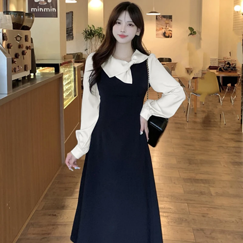 法式赫本风假两件拼接连衣裙秋2025新款千金风收腰a字裙2137