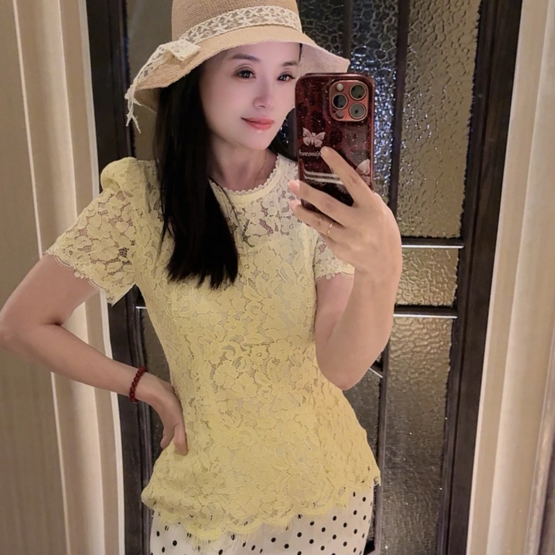 唯伊公馆夏季新款优雅气质花边圆领短袖蕾丝打底上衣98620