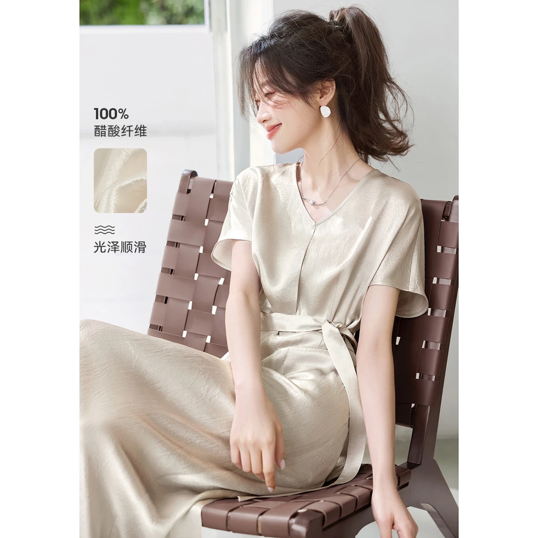 沫晗依美连衣裙25夏新款连衣裙轻优雅气质百分百醋酸微皱缎面0079