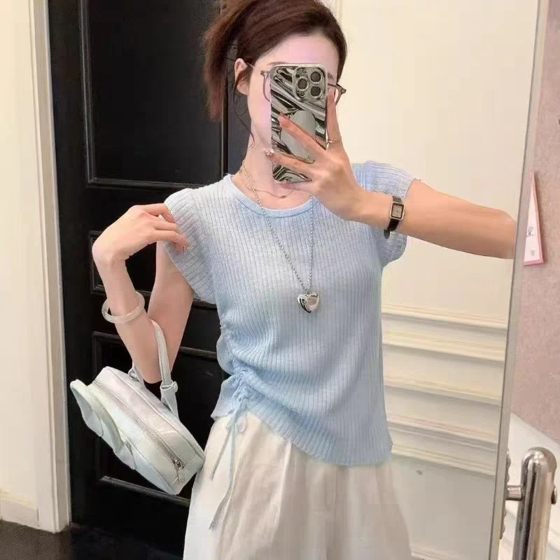 夏款短袖t恤冰丝针织衫女夏季设计感休闲抽绳收腰显瘦修身上衣