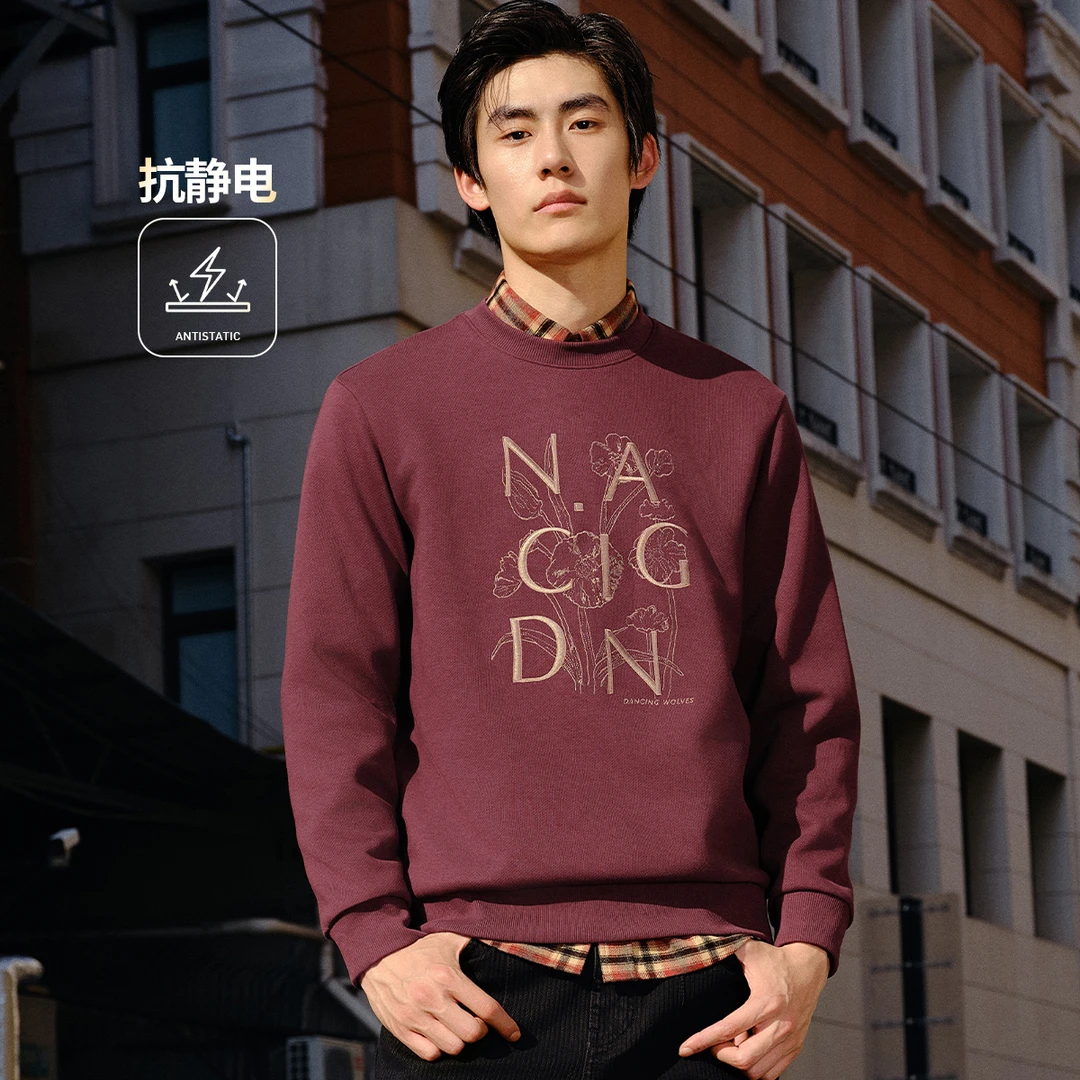 【花卉刺绣】与狼共舞25秋冬抗静电圆领保暖卫衣男士百搭潮流长袖