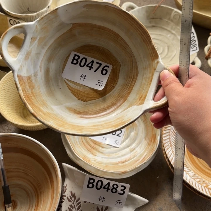 陶瓷476粗陶双耳碗浅色