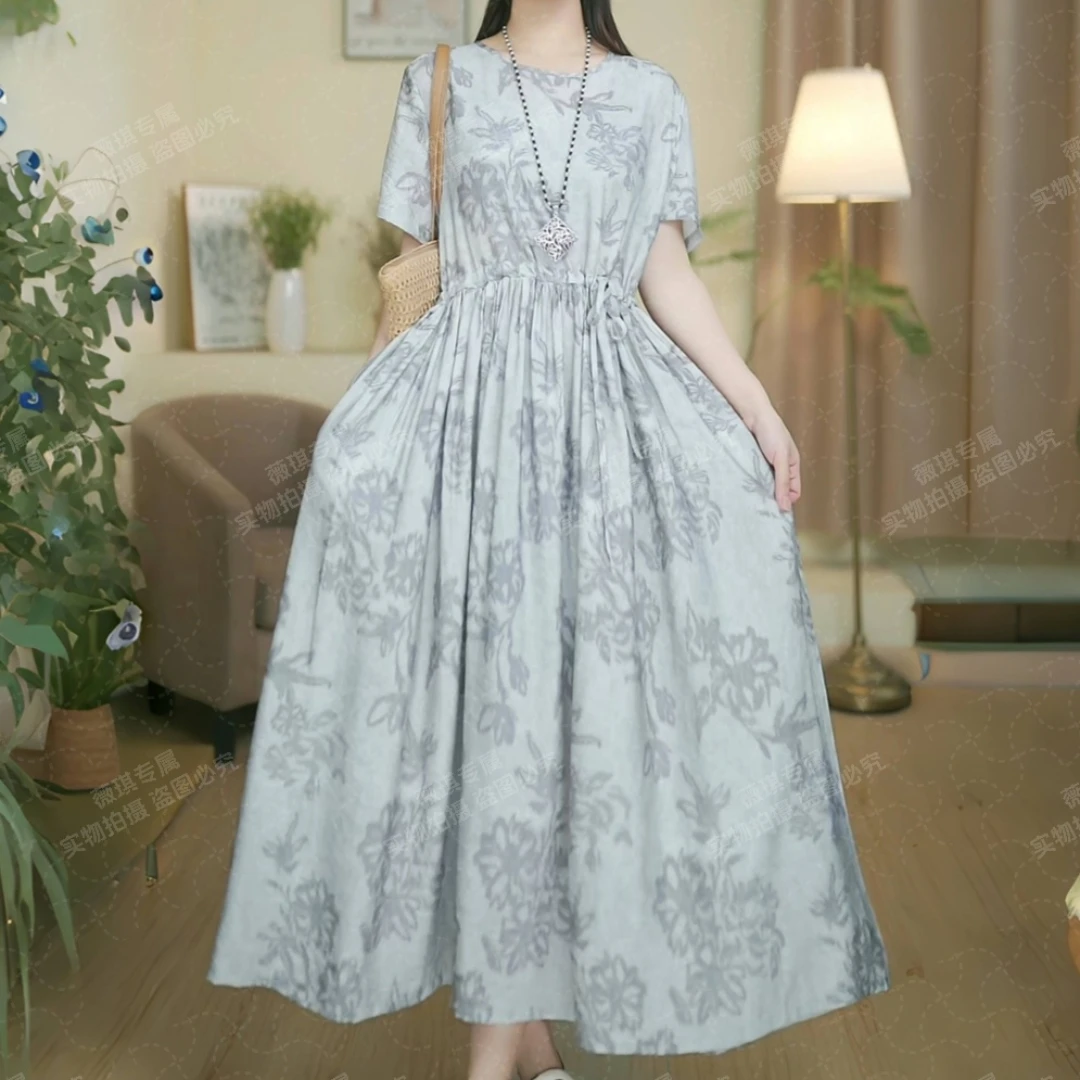 【幻雾花影】【正版】短袖连衣裙花裙夏季大码宽松印花碎花裙子带抽绳