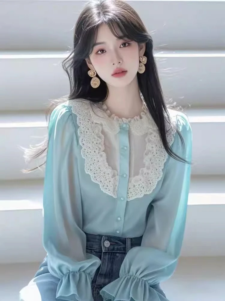 蓝色高级感蕾丝设计感长袖衬衫女春季荷叶袖小衫漂亮好看独特上衣