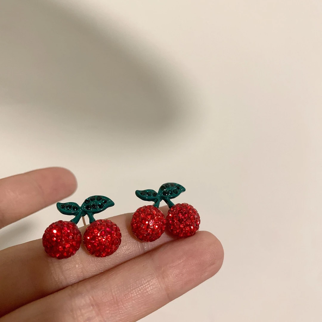 合金锆石耳饰 韩国东大门 精工重工微镶红水晶立体钻樱桃耳钉