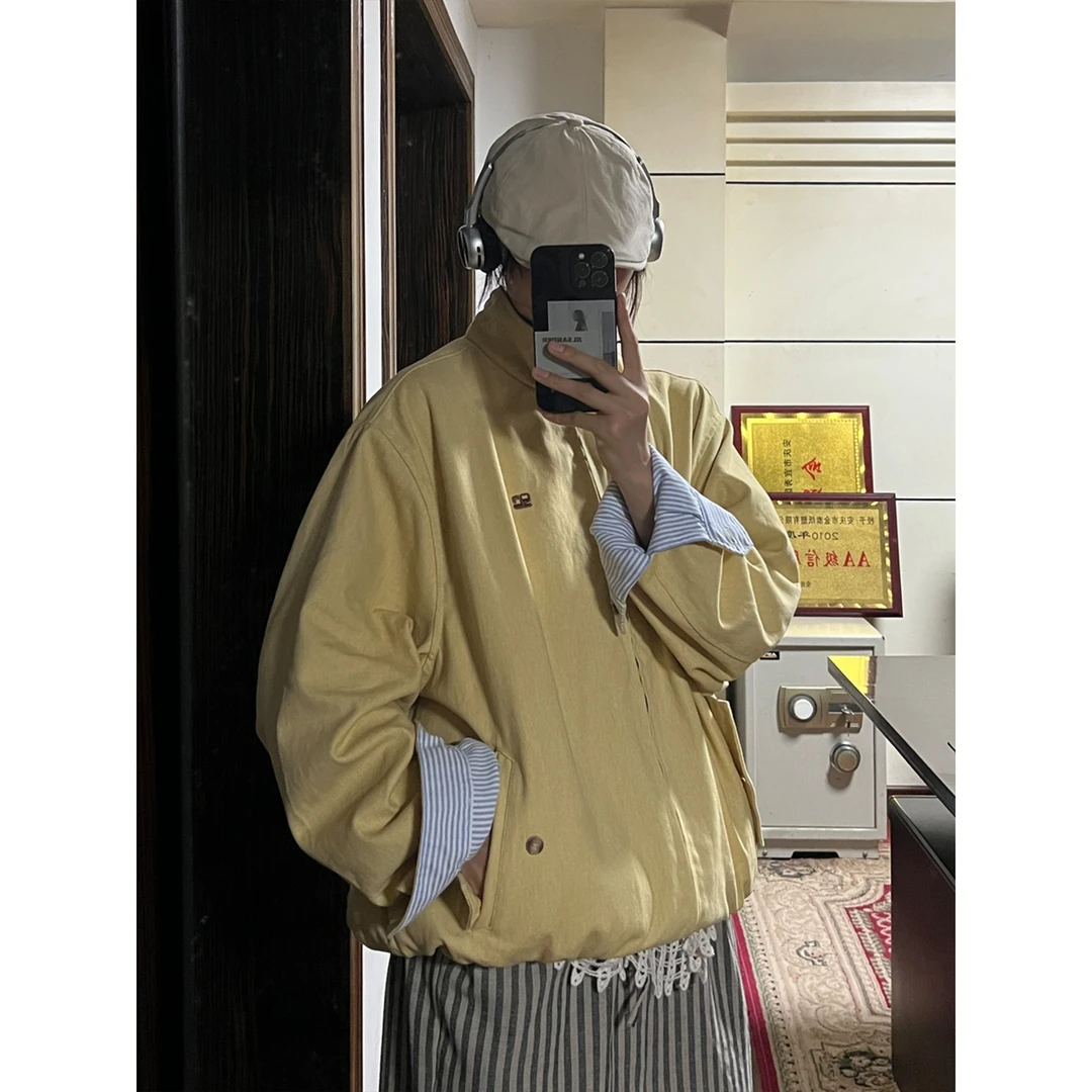 美式哈灵顿香蕉黄双面穿条纹夹克宽松外套女秋季廓形百搭翻领上衣