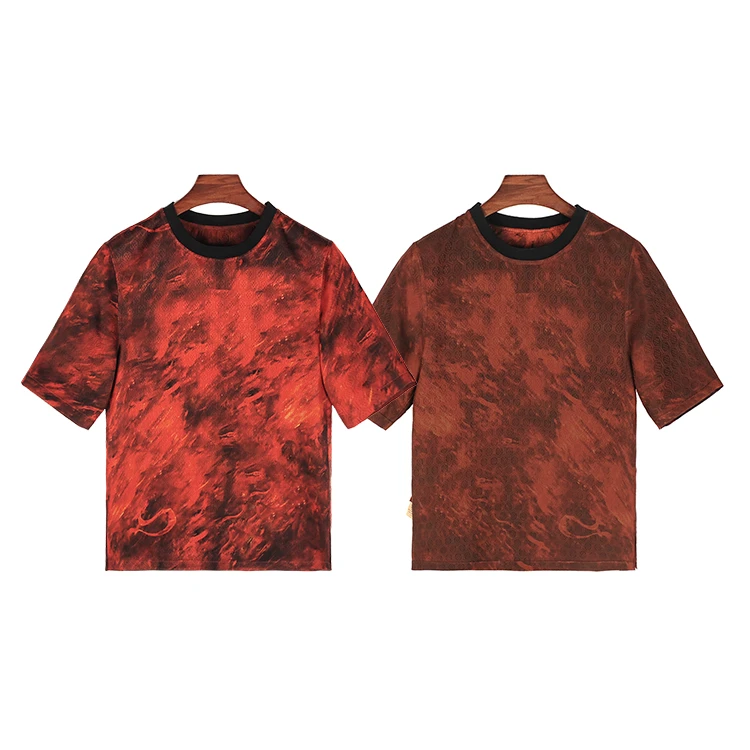 99127 男士双面T恤 桑蚕丝透孔罗红云纱新中式复古国潮圆领上衣