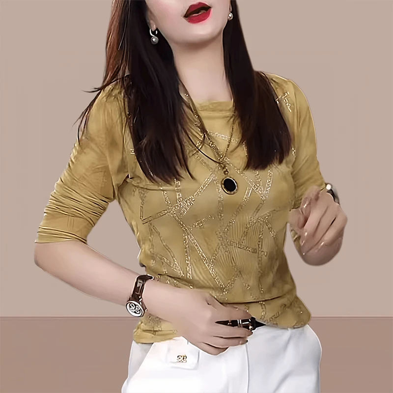 显瘦洋气时尚百搭秋季打底衫T恤女士高档气质圆领长袖薄款宽松名